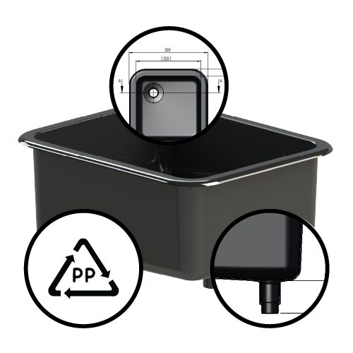 Features of a brownall Labtap polypropylene laboratory sink